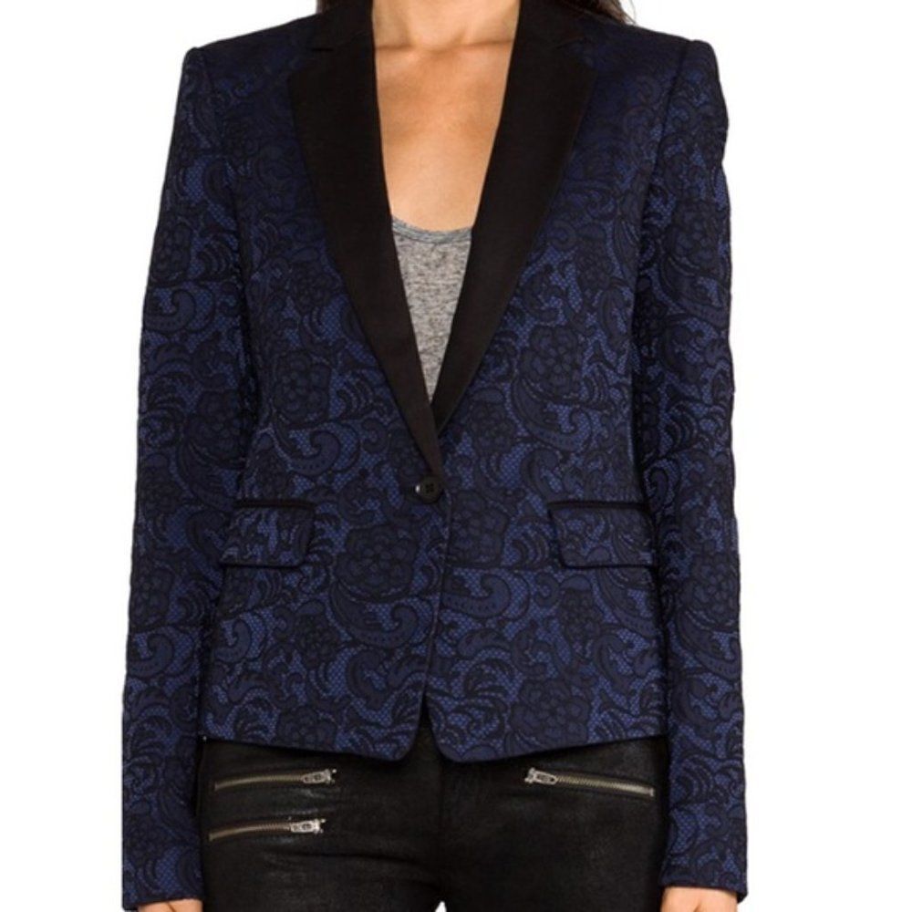 BCBGmaxazria Philipe Tuxedo Blazer Jacket Blue with‎ Black Lace Satin Medium